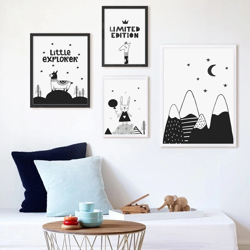 07G Black Cartoon Animal Giraffe Bunny Alpaca Letter Canvas Painting Print Picture Poster Art Wall Baby Room Bedside Home Decor | Дом и сад