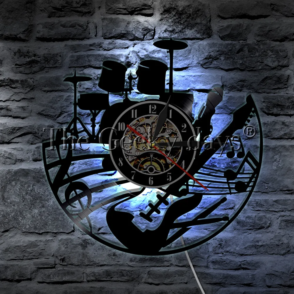 1 шт гитара и Drum Kit Виниловая пластинка настенные часы рок-н-ролл стены тактовый инструмент часы Drummer гитарист подарок для меломана