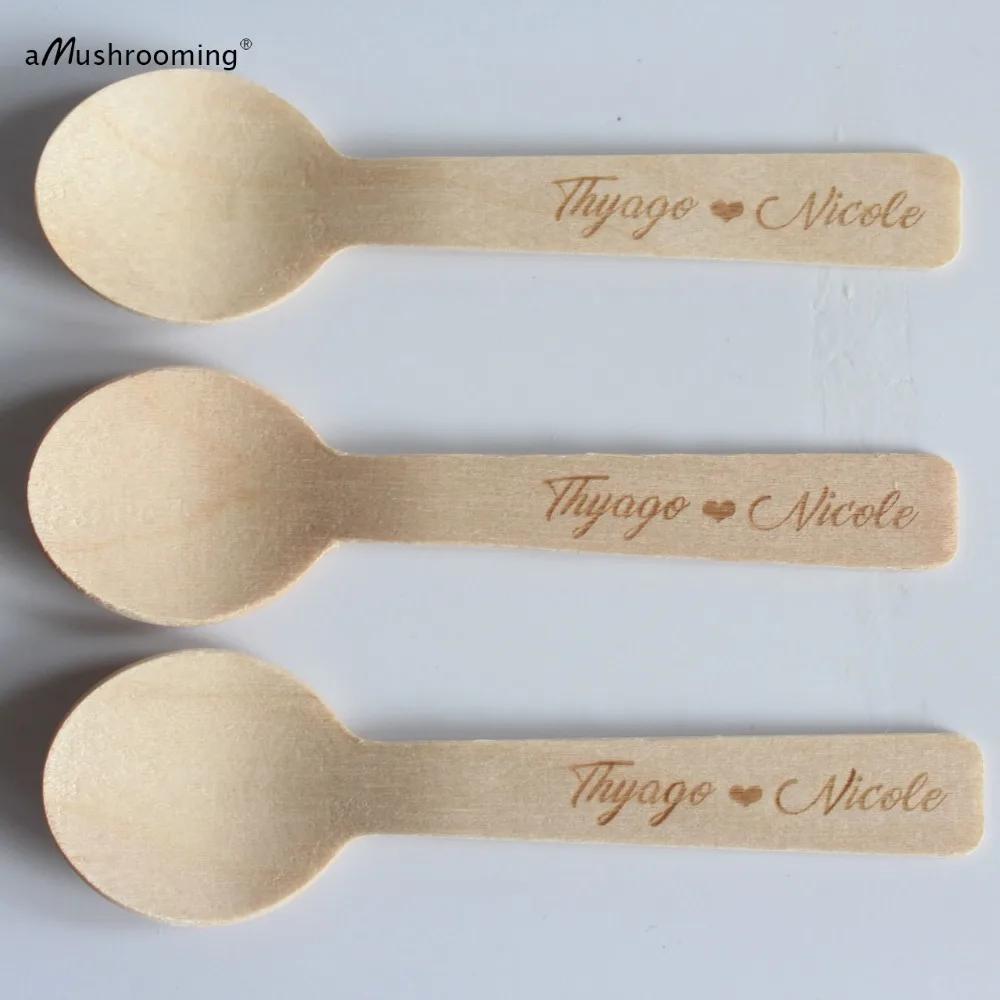 x100 Wedding Personalized Mini Dessert Spoons Wooden Ice Cream Party