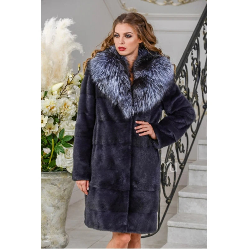 TOPFUR New Luxurious Plus Size Natural Mink Fur With Silver Fox Fur Collar Women Winter Thick Warm Mink Fur Jacket TOPFUR New Luxurious Plus Size Natural Mink Fur With Silver Fox Fur Collar Women Winter Thick Warm Mink Fur Jacket