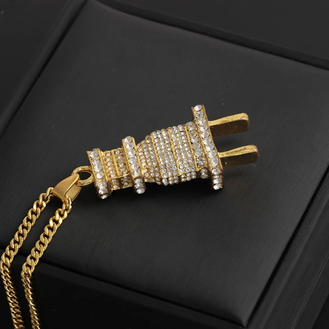 Shellhard Silver Gold Plug Shape Pendant Necklace Men Women Hip Hop Charm Chain collares Iced Out Crystal Jewelry