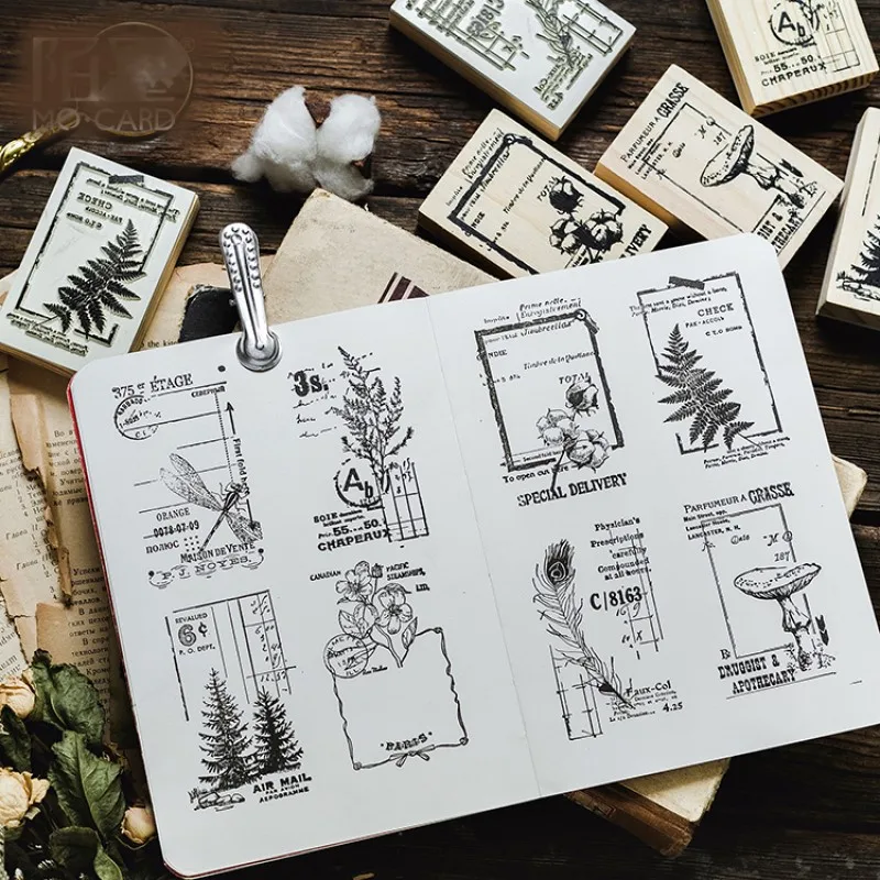 

8patterns middle size scrapbooking wooden stamp design of grass branch mushroom cotton flower pine tree dragonfly