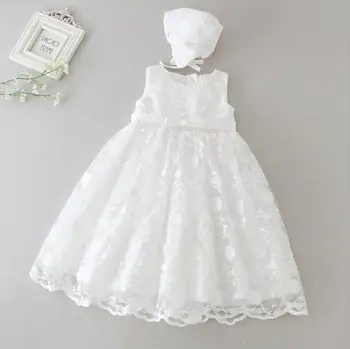 

2PCs per Set Summer Sleeveless Baby Girl Baptism Dress Infant Girl Embroidered Flowers Christening Long Gown Hat 0-24Months