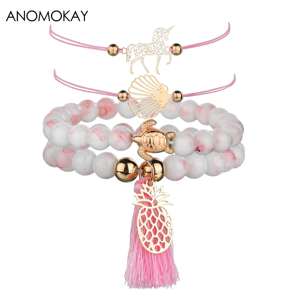 

DROPSHIPPING Handwork Pink Rope Chian Link Wrap Bracelet European American Trendy Pineapple Unicorn Shell Bracelet Set for Women