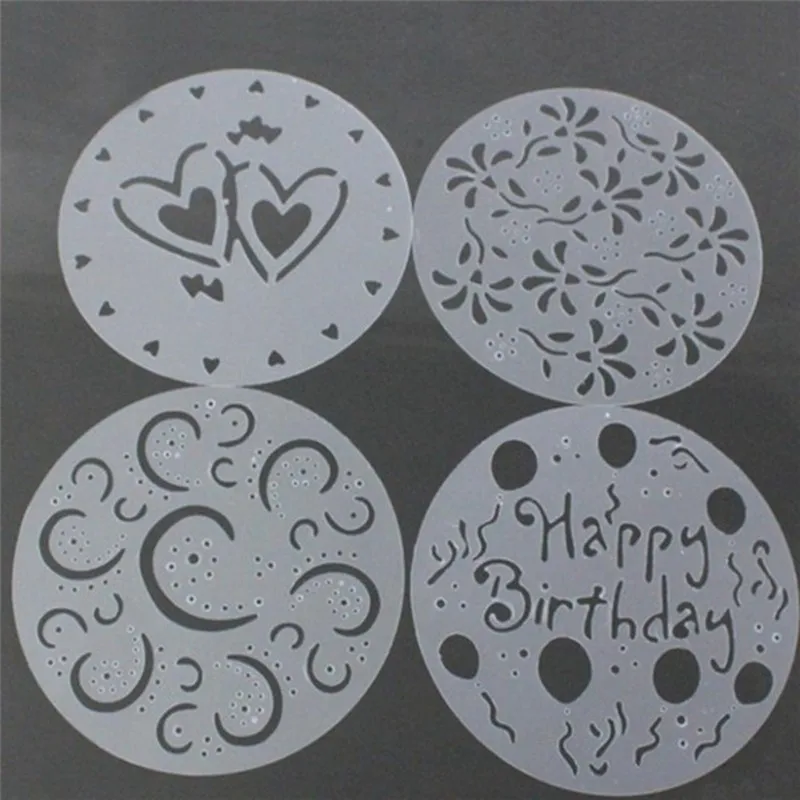 

4Pcs/Set DIY Birthday Cake Spray Mold Decorating Heart Flower Screen Printing Film Coffee Tiramisu Bakery Tool