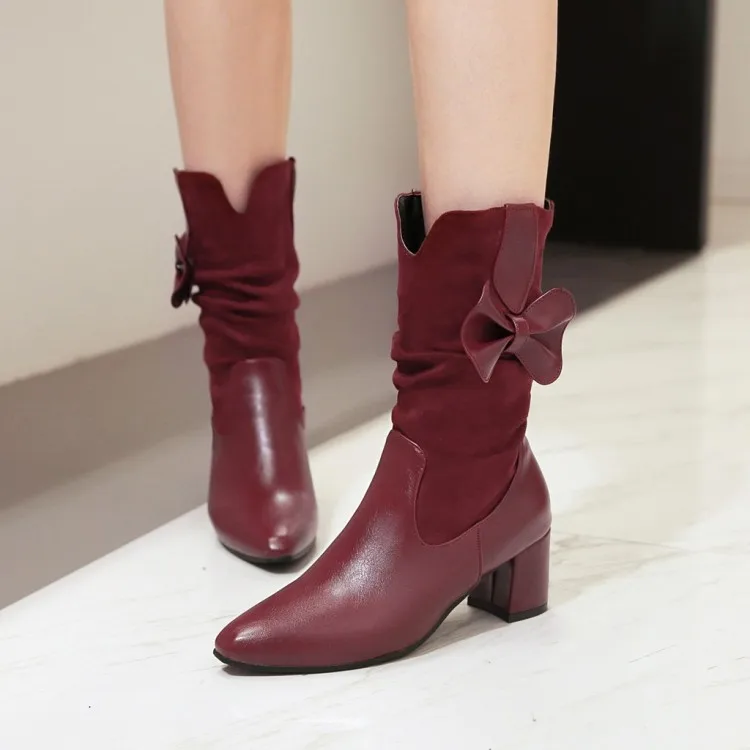 

Big Size 11 12 13 14 15 16 17 Ma'am Coarse heel Short boots Pure color Bowknot High heel boots