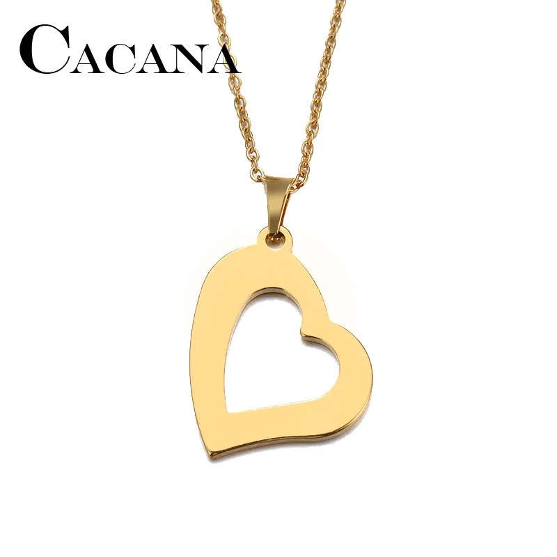 CACANA Stainless Steel Necklace For Women Man Lover's Askew Heart Gold And Silver Color Pendant Necklace Engagement Jewelry