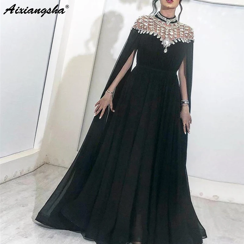 Блестящие черные вечерние платья с высоким горлом, украшенные кристаллами, шифон, Дубай, кфтан, саудовская Арабская, длинное вечернее платье, платье для выпускного вечера