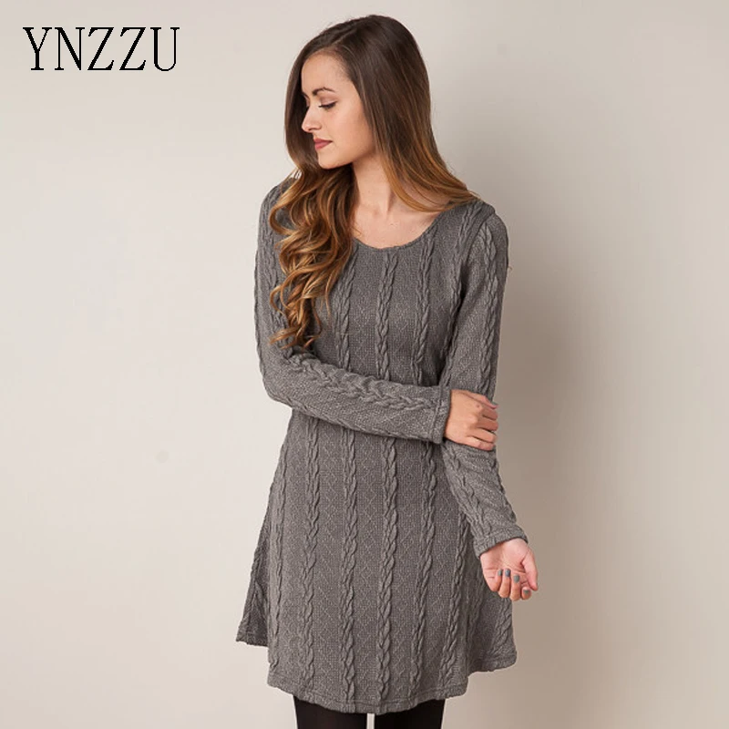 

YNZZU 2016 Fall Winter O Neck Knit Dress Long Sleeve Slim Women Twisted Sweater Dresses Elegant Femme Vestidos YD080
