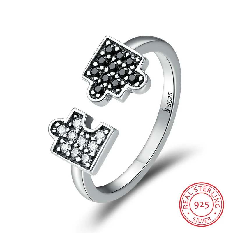

925 Sterling Silver Open Rings for Women Girls Charms of Puzzle Black & White CZ Hot Sale Fashion Luxury Women Wedding Jewelry