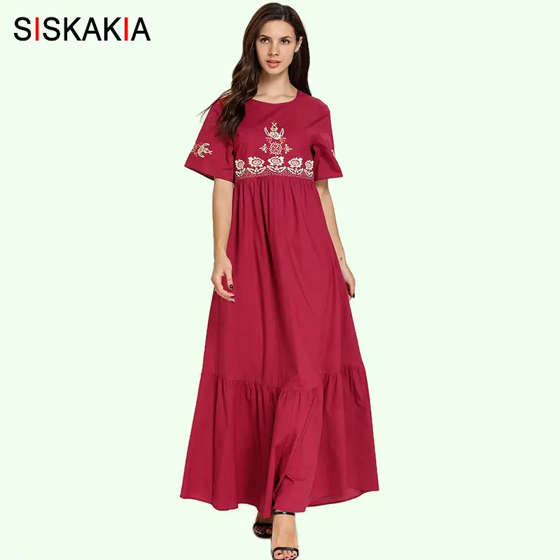 

Siskakia Elegant Ethnic Embroidery Women Long Dress Summer 2019 Fashion Draped Swing Patchwork Maxi Dresses Casual Red Plus Size
