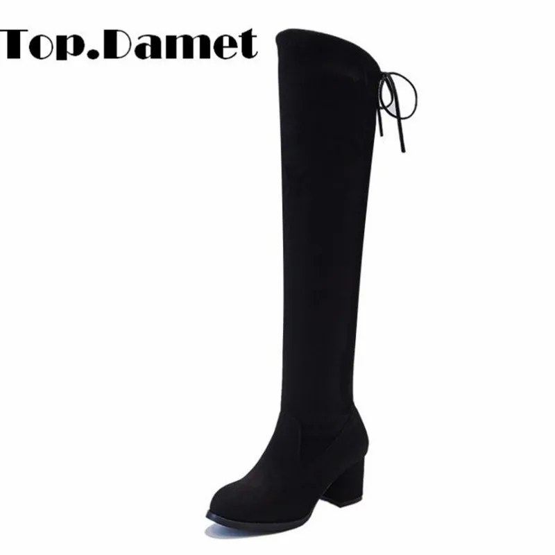 

Top.Damet Thigh High Boots Women Winter Fleeces Lace Up Snow Boots Black Color Warm Ladies Party Shoes Girls Over the Knee Boots