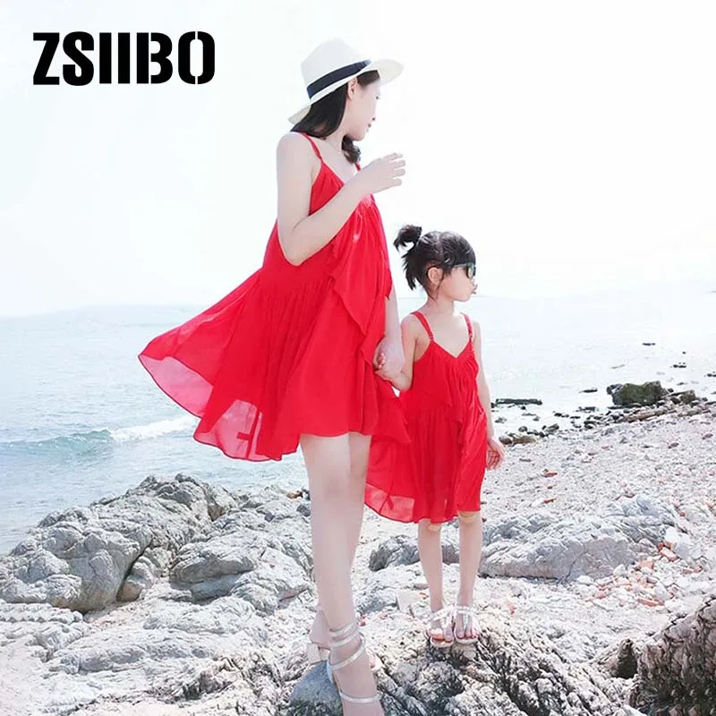 ZSIIBO/платье семейная одежда с бантами для мамы и дочки пляжный Пояс для чулок платья для мамы и дочки красная юбка трапециевидной формы WGTQ58