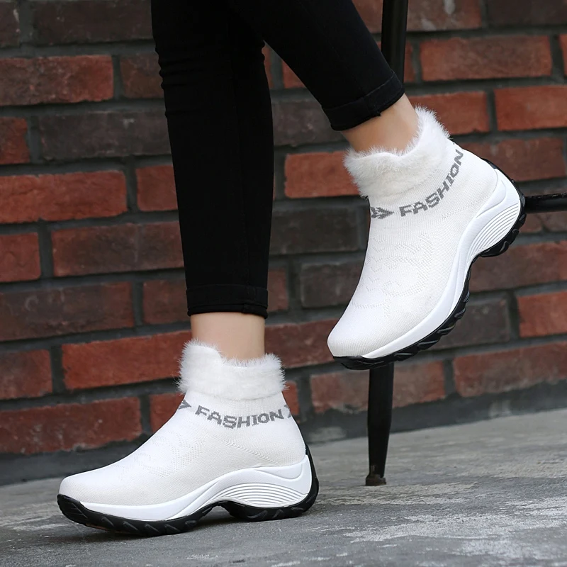 2019Winter Women Sneakers Fashion Platform Wedges Shoes Woman Slip-on Snow Boots Ladies Warm Fur Sock Boots Shoes Big Size 41 42