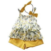 Girls Clothing Sets Summer Kids Clothes Floral Tulip Chiffon Spaghetti Top+Button Shorts Two-Piece Set + Headband Yellow 130cm shein apricot appliques button top and shorts elegant girls clothing two piece set 2019 spring fashion vintage children clothes