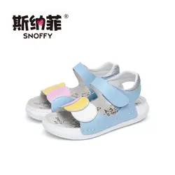 Snoffy детские кожаные сандалии с открытым носком Летняя обувь для девочек плоская подошва с цветочным рисунком для маленьких девочек