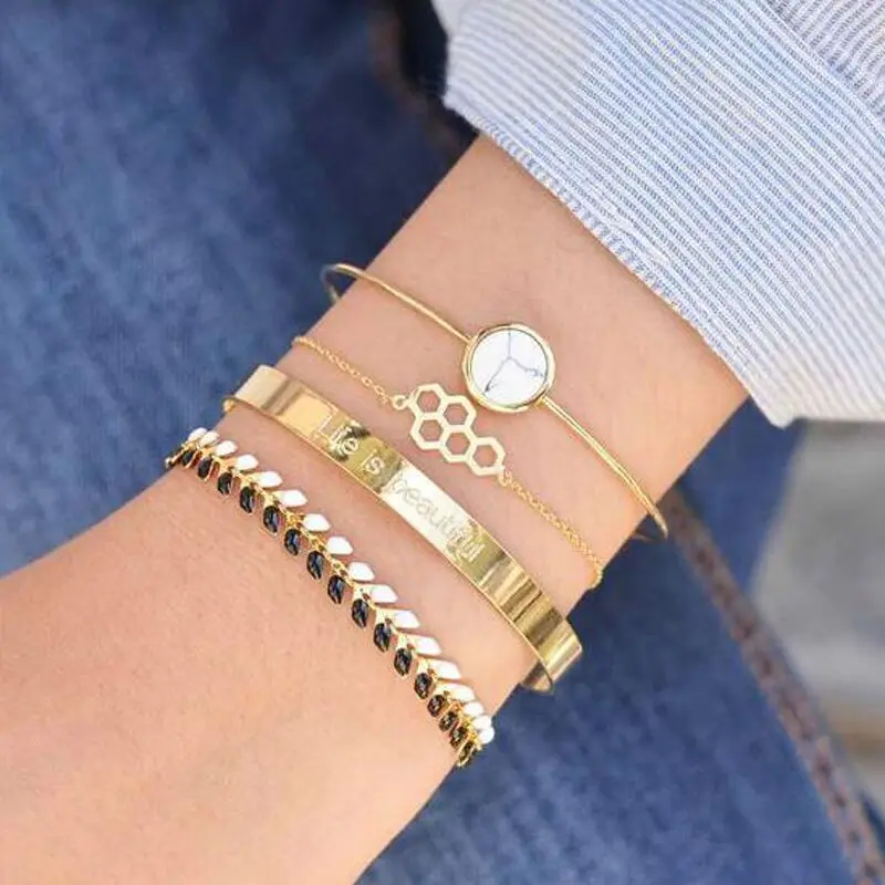 

4 Pcs/set Creative Hollow Hexagon Geometric Round Charms Open Circle Adjustable Gold Metal Bracelets for Women Accessories Gifts