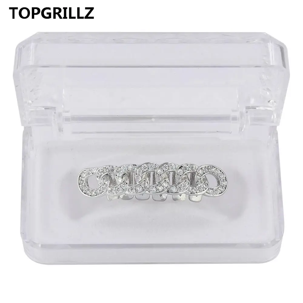 TOPGRILLZ Cuban Link Grillz чистый HQ позолоченный хип-хоп нижний зуб решетки затоплены камнями CZ зуб гриль для подарка - Окраска металла: Silver