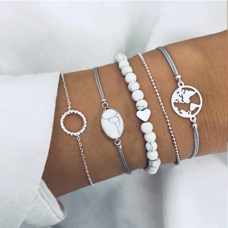 

5 Pcs / Set Retro Fashion Oval Crack Stone Bracelet for Women Personality White Beaded Geometric Bracelets Jewelry