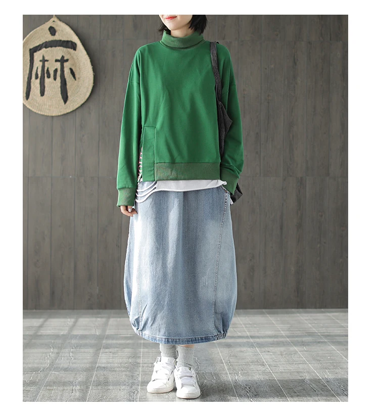 Spring Autumn Skirt Fashion Women Large size Denim skirt New Ladies Elastic Waist pocket Bleached Mori girl Casual Loose skirt