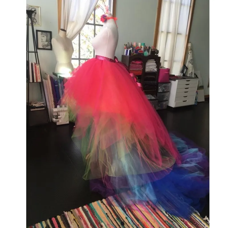 

Boho Chic 2018 Mix Color High Low Tulle Skirts For Women To Photo-shoot Long Tutu Skirt Women Sash Fashion Tulle Skirt Saias