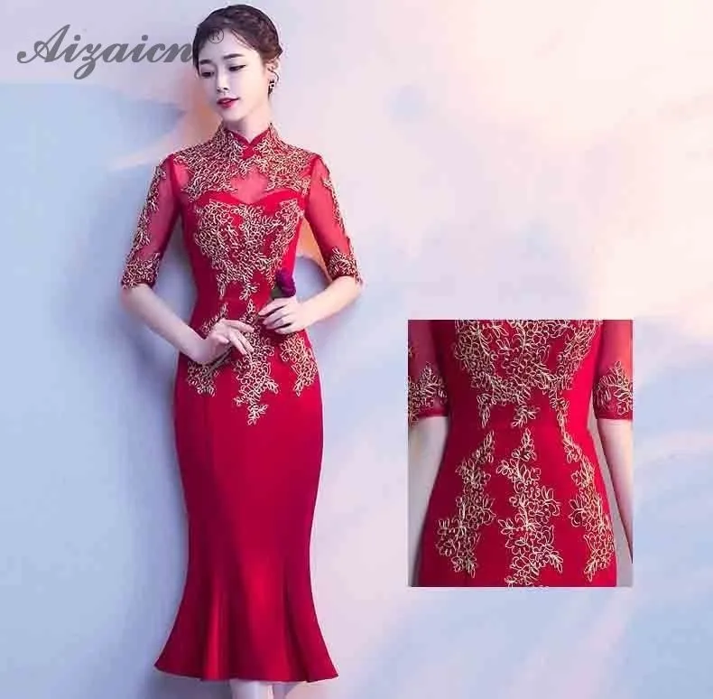 Encaje de Cheongsam larga восточные Платья de boda de las mujeres chino tradicional ropa Qipao Chinoise vestido de noche rojo