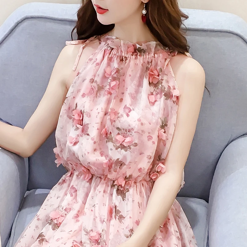 

Floral print halter chiffon long dress Women ties up at the 2018 boho maxi dresses vestidos Sexy beach summer dress