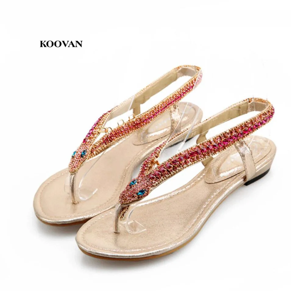 

Koovan Women Sandals 2018 Summer New Women Shoes Fashion Golden Diamond Snake Diamond Rhinestone Thong Flip Women Sandals