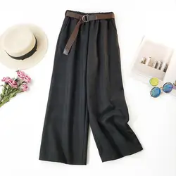 2019 Весна новое поступление Прямые брюки для Офис Дамы корейский стиль шерстяные свободные широкие брюки с поясом Бесплатная доставка