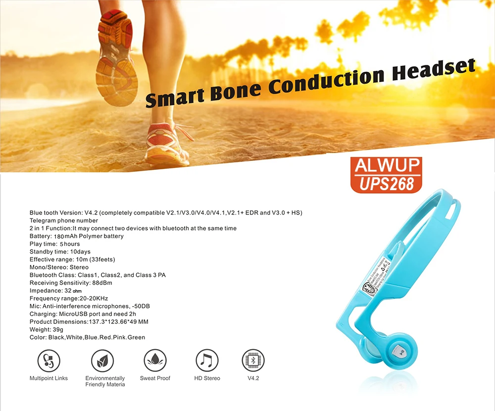ALWUP Wireless Headphone Bluetooth earphone Bone Conduction Sports Stereo Headset for Phone with Microphone Bluetooth 4.2-1