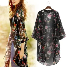 Женская блузка, новинка 2018, модный летний женский кардиган с цветочным принтом, парео, Пляжное бикини, топ с цветочным принтом, шифоновая блу...(China)
