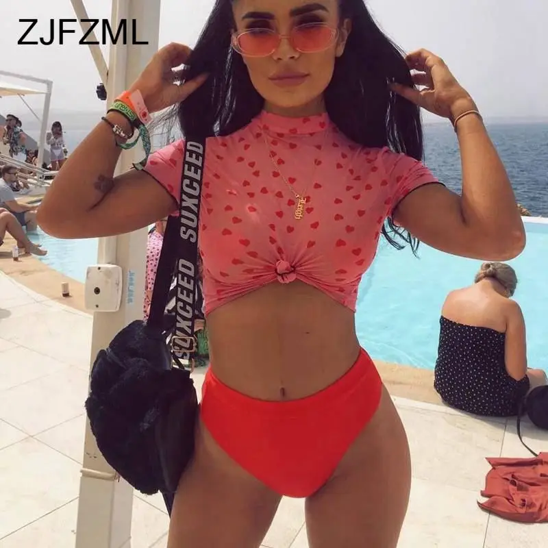 

Sexy Print Beach 3 Piece Set Women Short Sleeve Crtop Tops + Backless Bra + High Waist Bodycon Shorts Summer Swimwear Tracksuit
