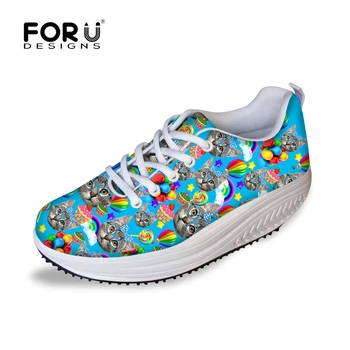 

FORUDESIGNS Cute Cat Print Slimming Wedges Casual Shoes Women Platform Shoes Autumn Trendy Health Lady Swing Fitness Shoes