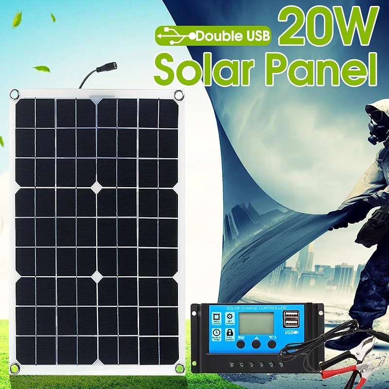 

Newest Double USB interface 20W 12V/5V Four heads Monocrystalline solar panel For Battery Cell Phone Chargers Cigarette Lighter