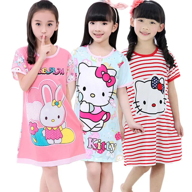 Cotton Mother Children SleepShirts Nighty Summer Cartoon Hello Kitty Rabbit Snow White Girls Night Skirt Short Sleeve Homewear