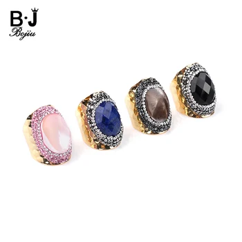 

BOJIU Trendy Gold Rings For Women Faceted Blue Lapis Black Crystal Oval Rose Pink Brown Shell Rings Femme Party Jewelry RI031