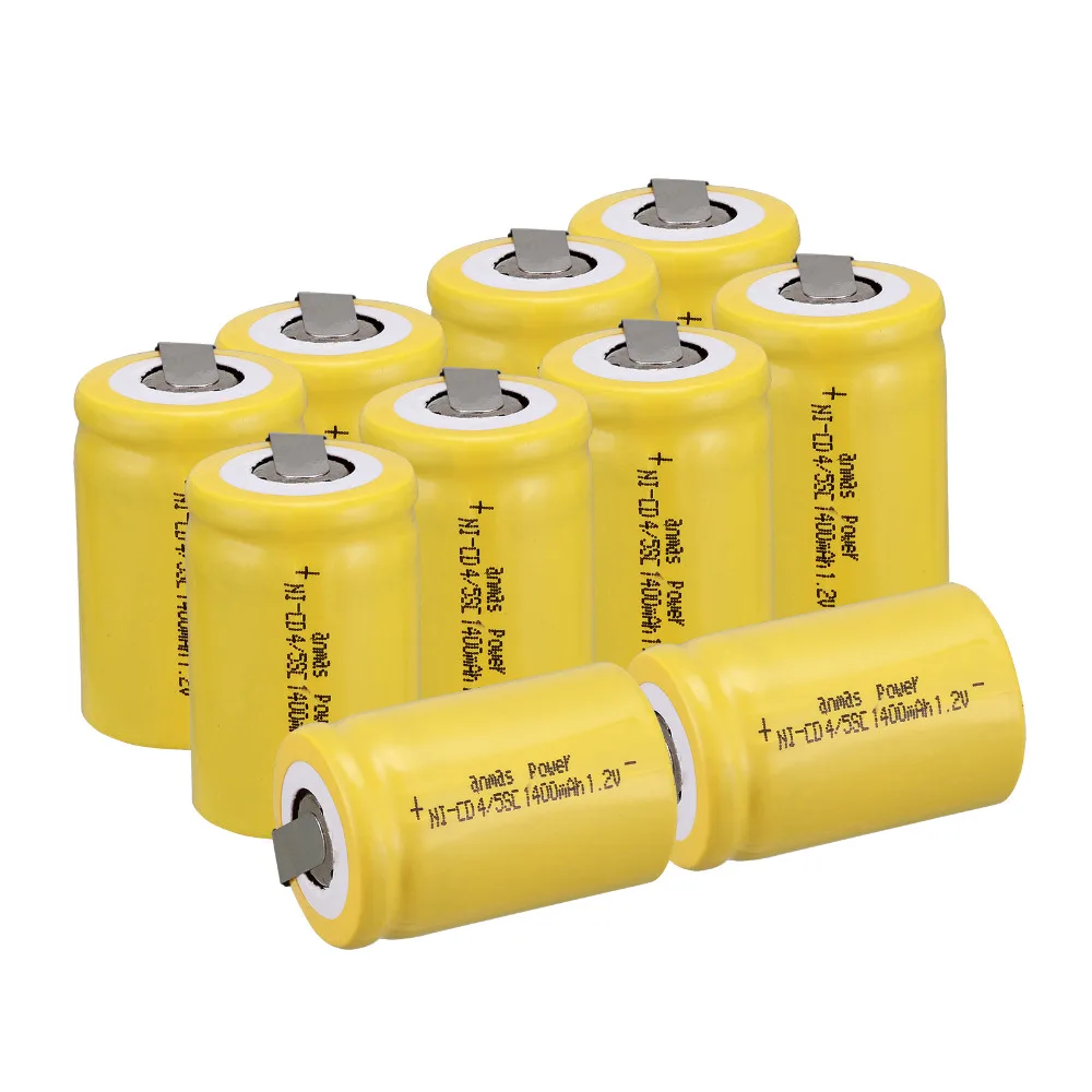 

Anmas power! 10 PCS Ni-Cd 4/5 SubC Sub C battery Rechargeable Battery 1.2V 1400mAh with Tab 3.3cm x 2.2cm-Tab yellow color