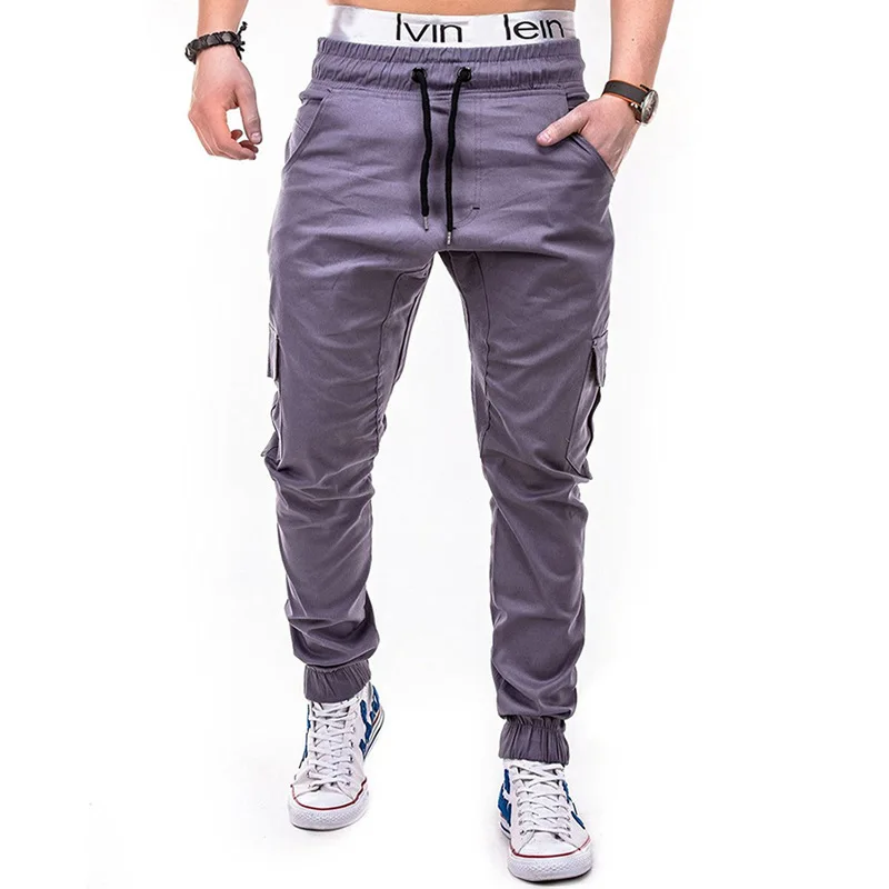 Europe and the United States 2019 new large size men's fashion solid color side pockets with belts casual trousers trousers