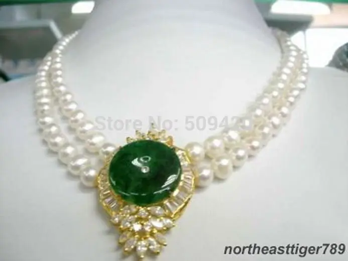 

Free Shipping Wholesale2 Rows Genuine White Pearl Emerald Jade 18KGP Crystal Pendant Necklace