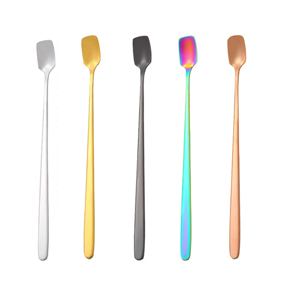 

1PC High Quality 304 Stainless Steel Square Head Ice Spoons Home Kitchen Long Handle Coffee Dessert Cocktail Stirring Scoops