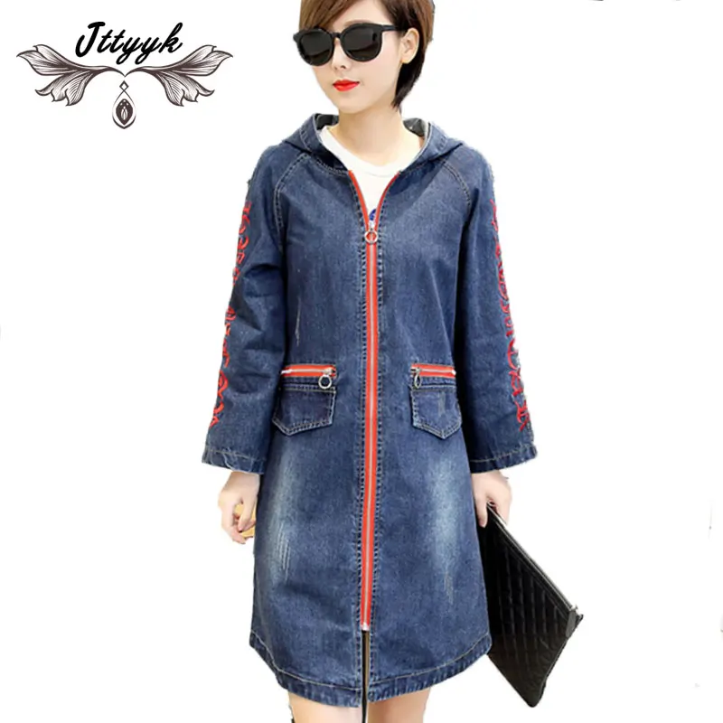 

5XL spring Denim Basic Jacket Women Coat 2019 Hooded Long Embroidery Denim Jacket Women Loose plus size Jeans Jackets Female 276