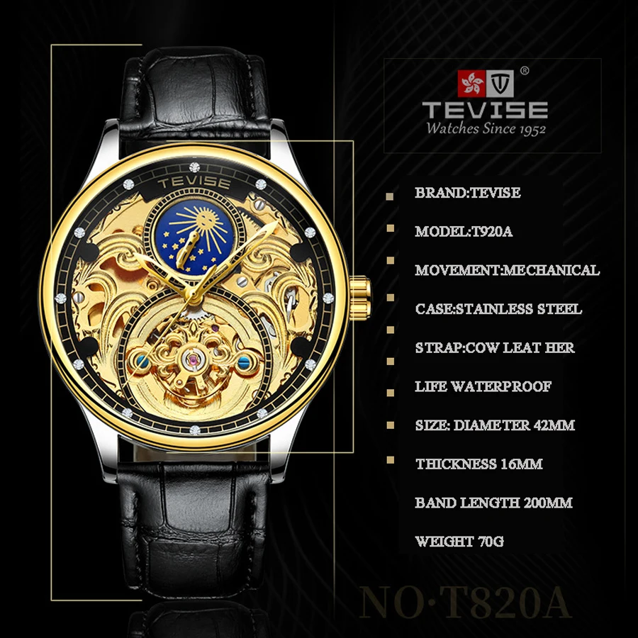 Tevise Мужские автоматические механические часы для мужчин водонепроницаемые часы из натуральной кожи Relogio Masculino деловые мужские часы