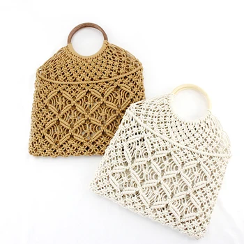 

Popula Cotton Rope Hollow Straw Bag Sheer Macrame Tote wooden ring rattan handle Net Bag Vintage Retro Chic handbag