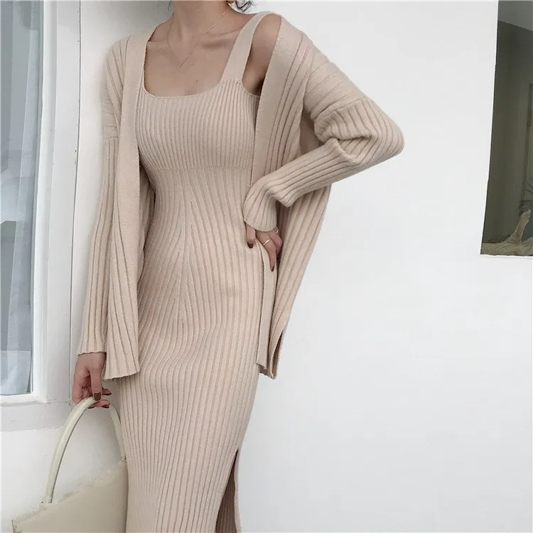 

2018 Winter Cardigan Suspenders Vest Knitted Sweater Dress Sets Solid New High Quality Long Sleeve Women Two Piece Suits