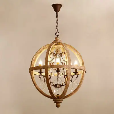 

HAIXIANG Vintage Rustic Weathered Lamp Wooden Globe Caged Rust Scroll Crystal Chandelier 85-265V