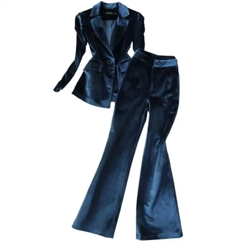 Fashion Pant Suits women spring New high-end British style casual Gold velvet suit+Trumpet long pants two-piece | Женская одежда