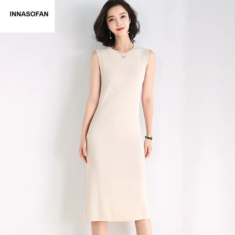 

INNASOFAN knitted dress for women Spring-Summer fashion elegant dress in solid color with O-collar sleeveless