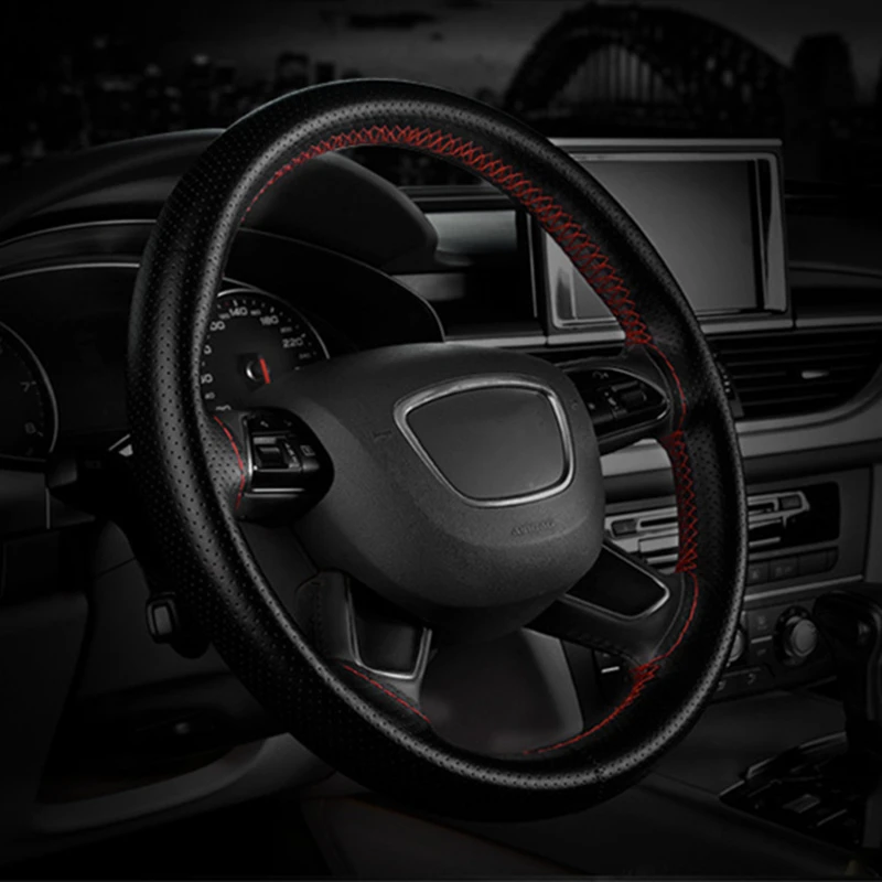 

Braid On Steering Wheel 38cm Hand-stitched Car Steering Wheel Cover with Needles and Thread Soft Leather Interior Accessories