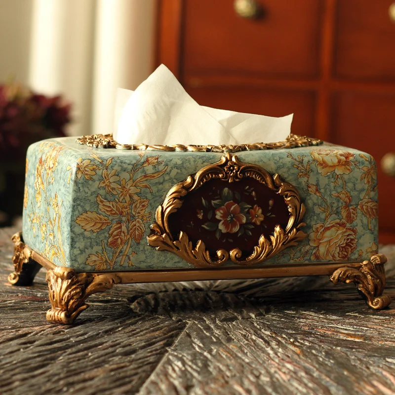 European pastoral luxury retro rectangular paper towel box drawn Hotel Villa blue and elegant decor |
