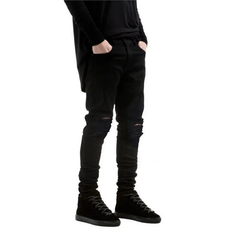 Black ripped holes skinny jeans men kanye west men jeans solid color jean homme streetwear hip hop biker jeans